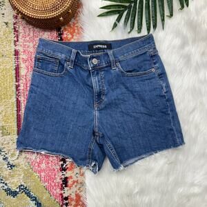 Express Blue Raw Edge Distressed Midi Mid Rise Denim Jean Shorts 6